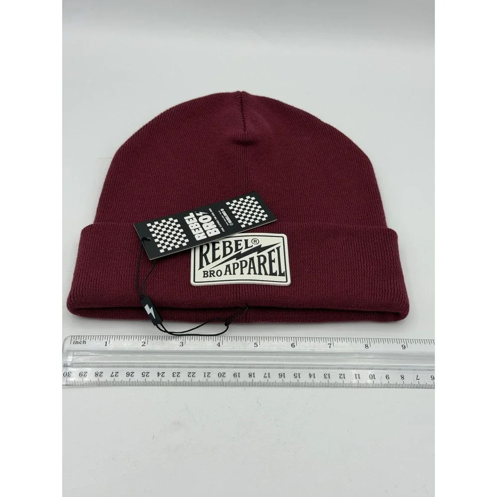 Rebel Bro Apparel Burgundy Knit Beanie Adult 100% Cotton Cuffed Logo Hat Cap